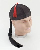 Шляпа китайская черная с косичкой ВН171, полиэстер, размер 50-52