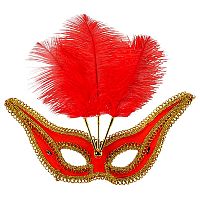 Полумаска с Золотой отделкой и перьями 03657, красная ткань, золотая тесьма, перья, без размера 