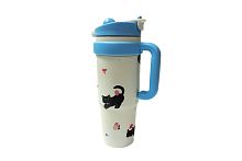 Термокружка с трубочкой Котенок SUMMER Trendy Cups бело-голубая 1000 мл
